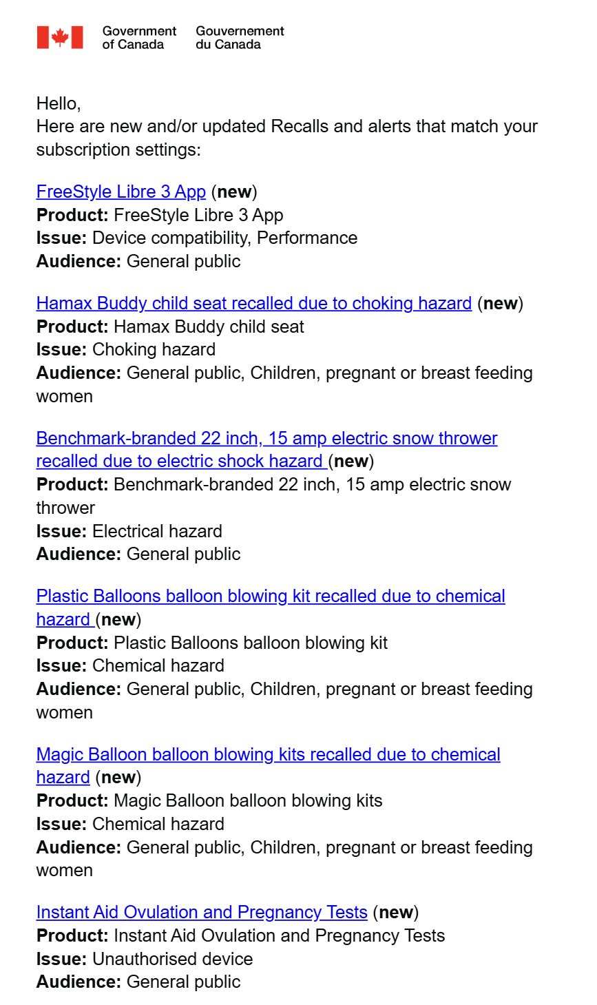 Product Recall Notices from Government of Canada